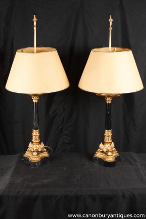 Pair French Empire Marble Ormolu Table Lamps Lights